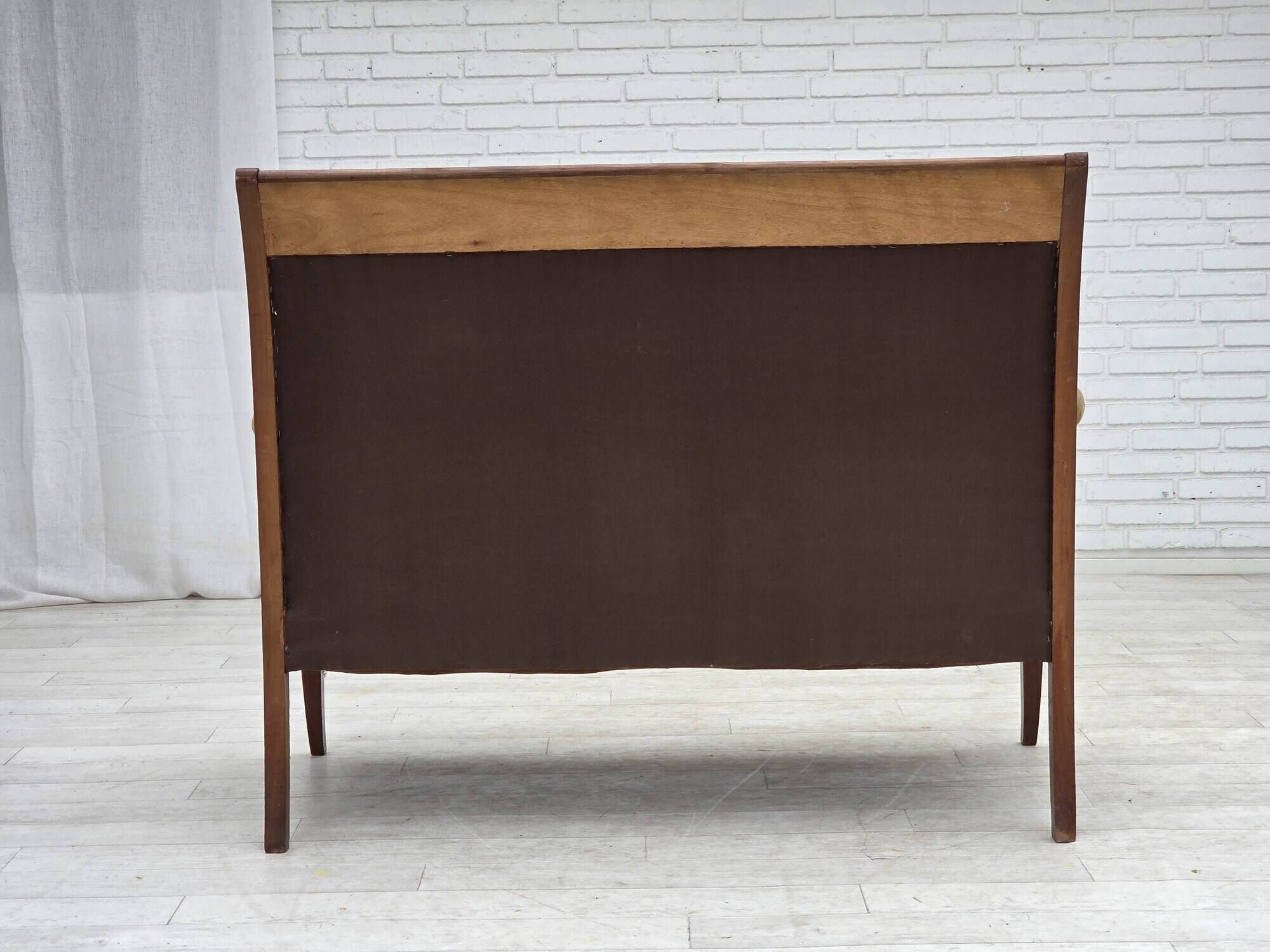 1950s, 2 seater Danish highback sofa, furniture velour, laqered teak wood.
