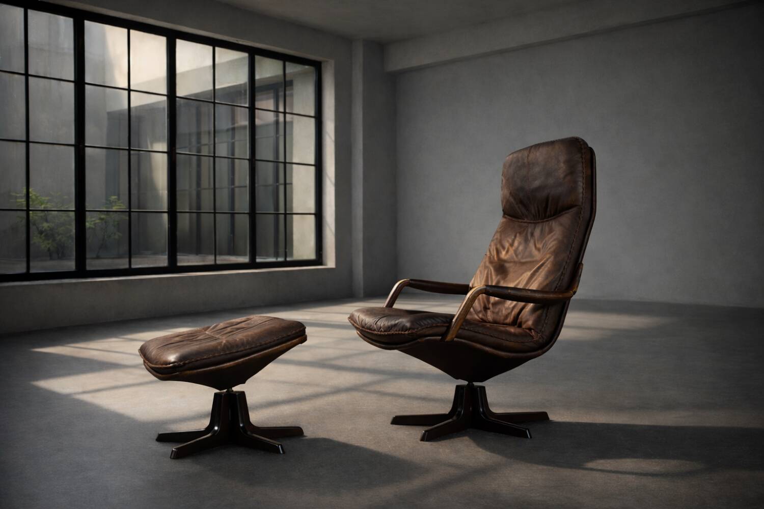 Vintage Mid-Century Danish Modern Leather Adjustable Easy Chair and Ottoman