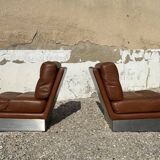 Salon complet en aluminium brossé et cuir marron, France 1970