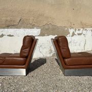 Complete vintage living room set, brushed aluminum and brown leather, France, 1970
