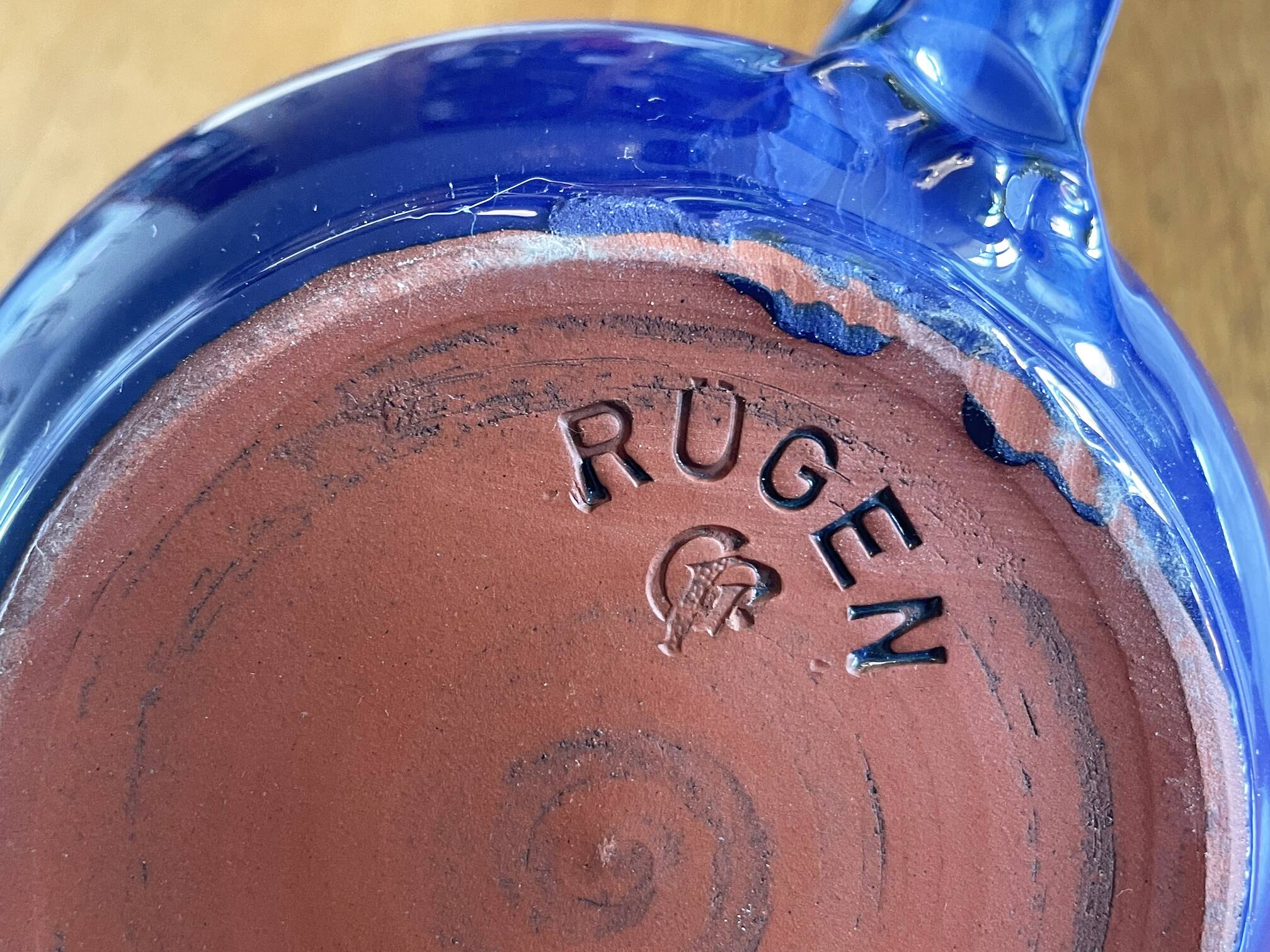 Navy Blue and White German Pitcher Made in Rügen, Drip Glaze Pottery