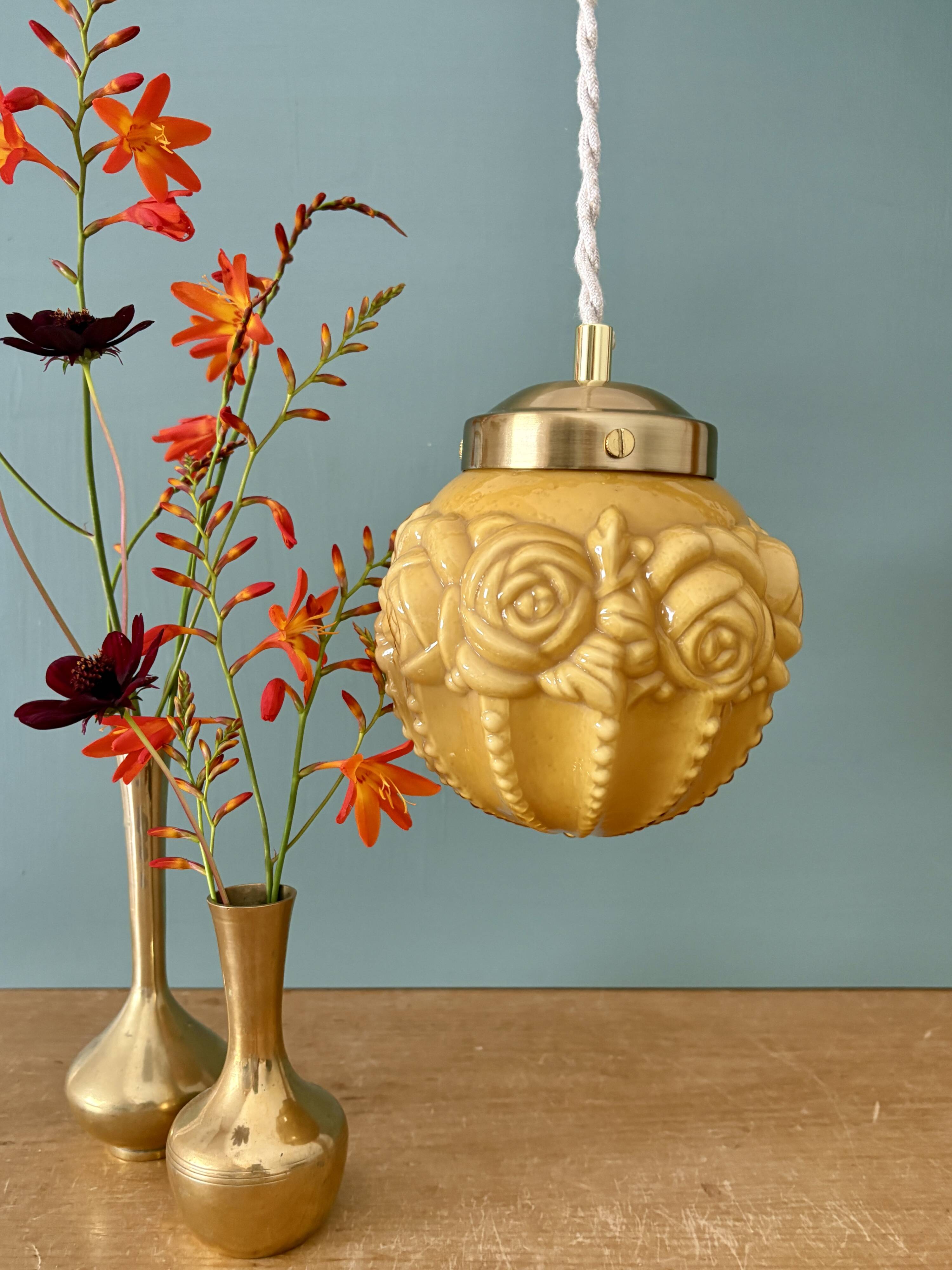 Vintage art deco globe pendant light in ochre opaline