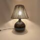 Vintage stoneware ceramic lamp signed JM, 1970s/80s, bohemian raffia rope lampshade