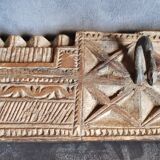 Coat rack 3 hooks in carved teak / 2 back hooks for wall hanging