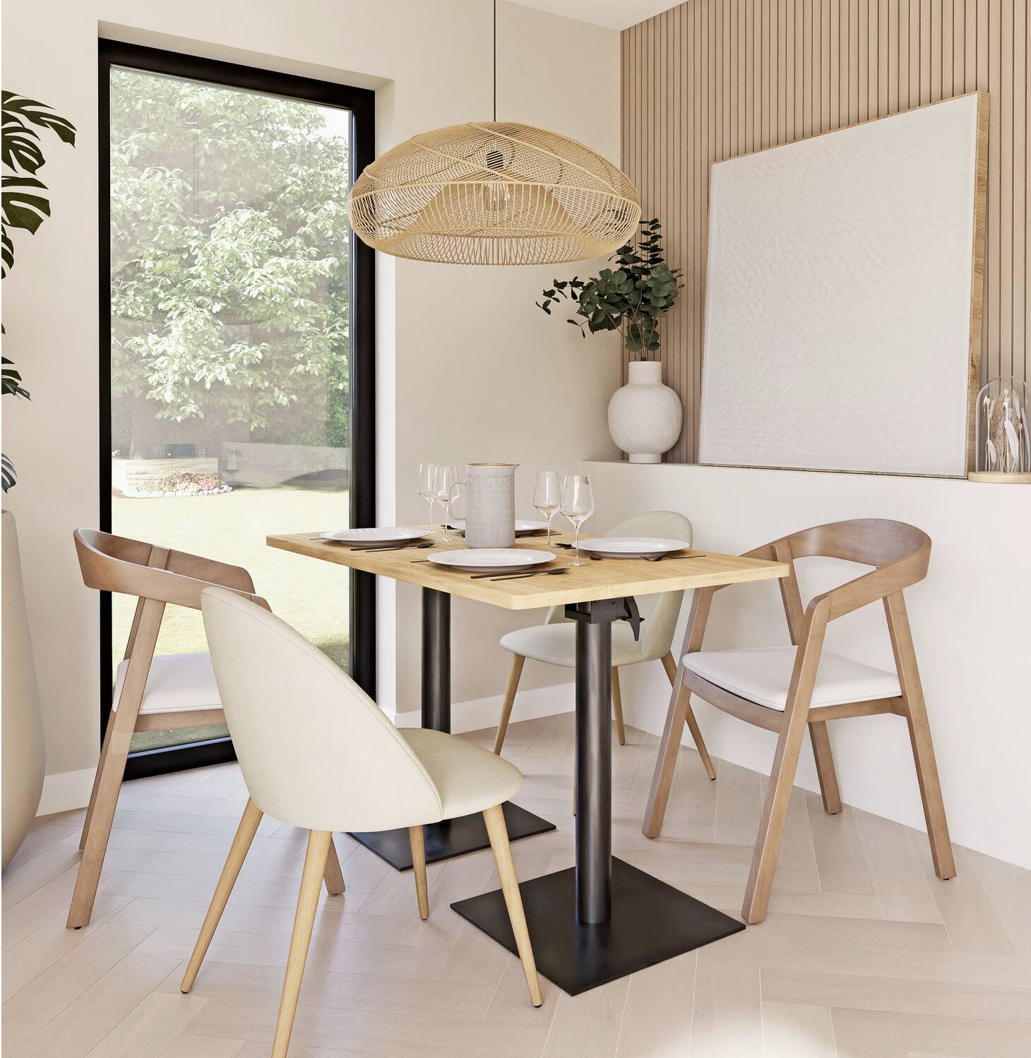 Professional chairs in beech and coated white textile