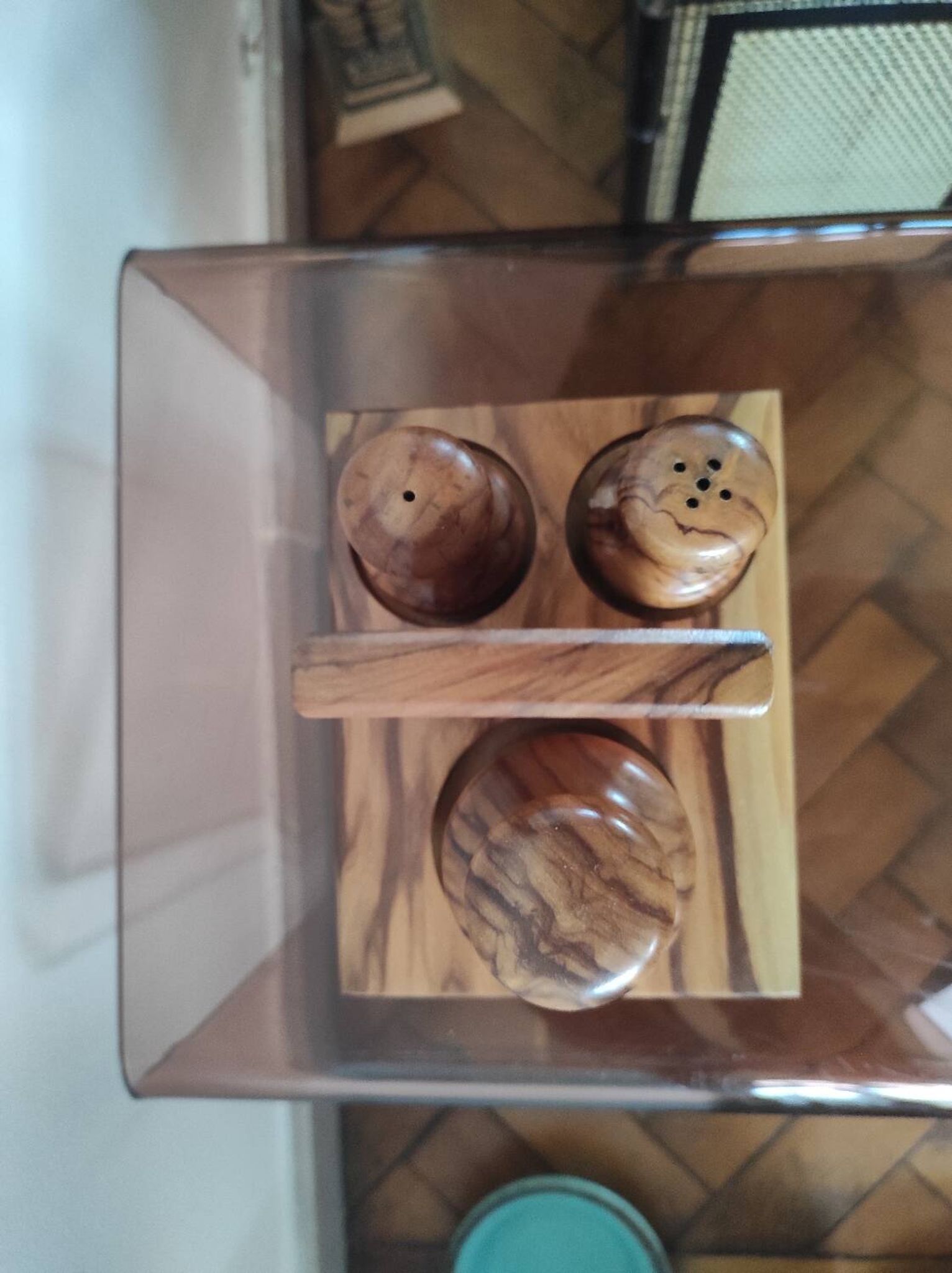 Vintage olive wood condiment service