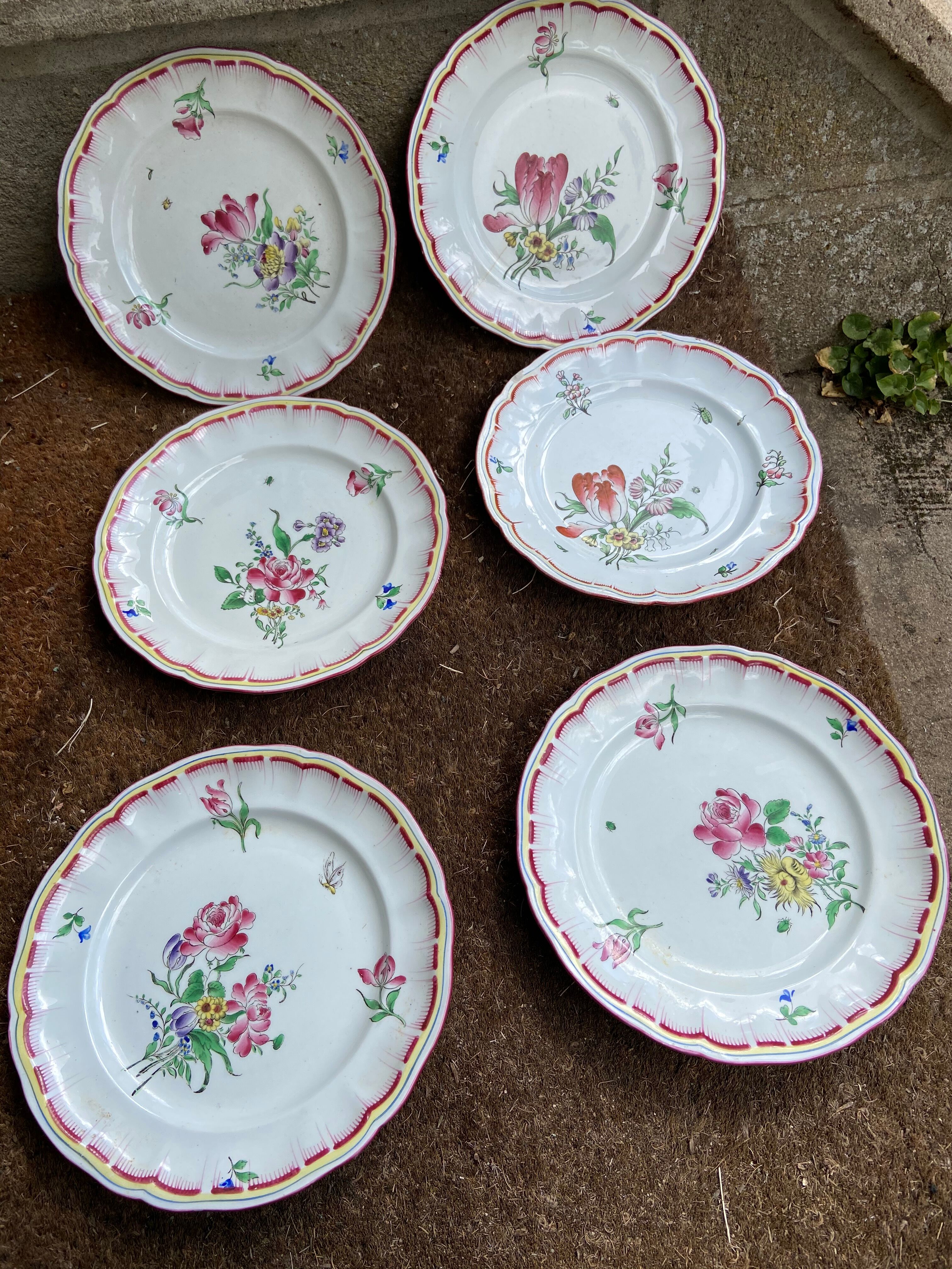 Lot de 6 assiettes à dessert Lunéville décor de fleurs