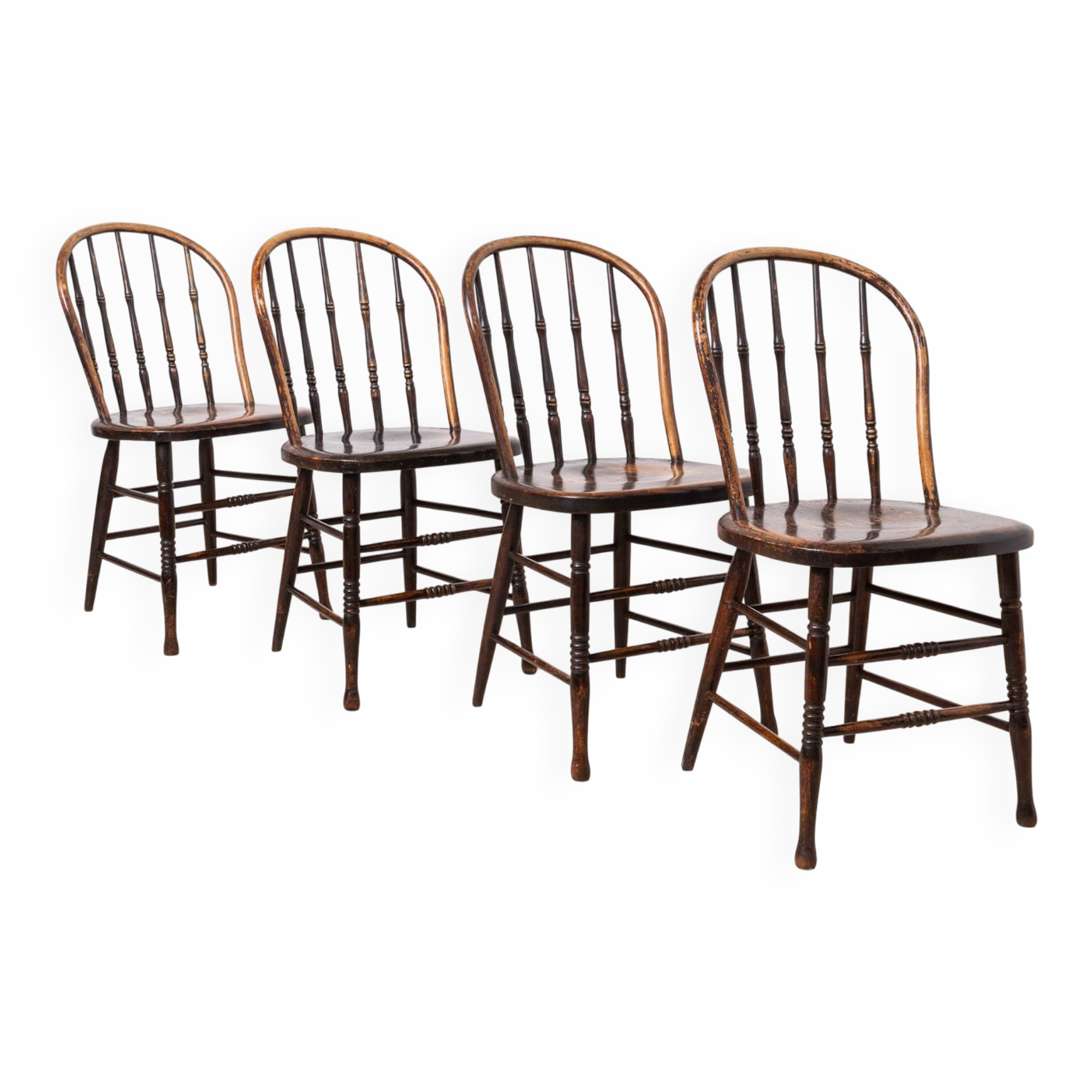 Set of 4 Countryside Style Dining Chairs, Spindle Back, Early 20th Century