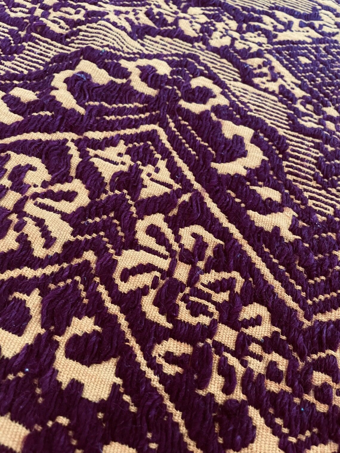 Vintage Romanian carpet design brown purple on yellow background 185x130cm