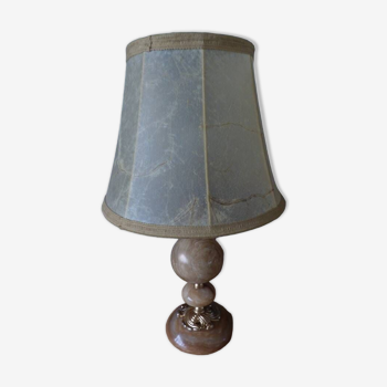 Lamp with base in polished beige-brown stones and its leather lampshade