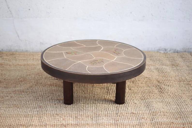 Coffee table signed Barrois, wood and stoneware table with plant decoration, France, interior decor.