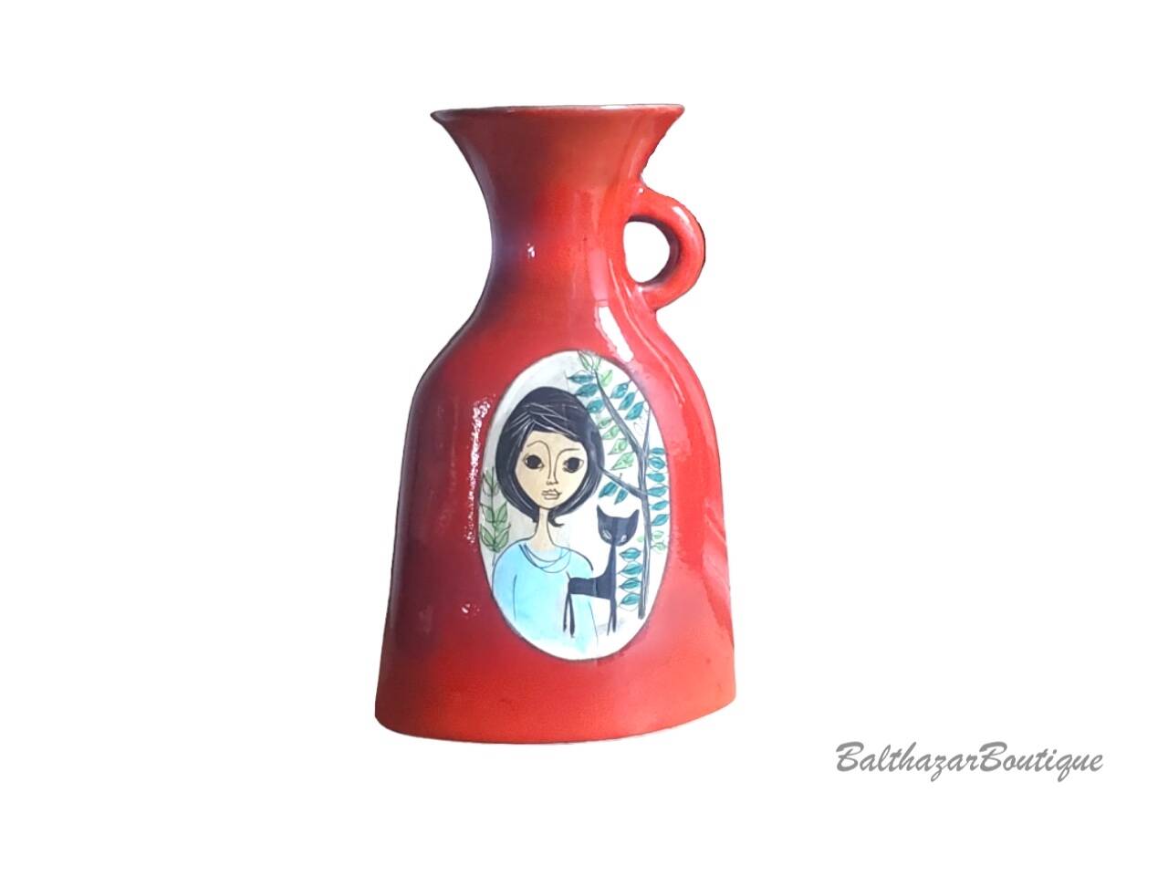 Vintage Français années 1960 Jean de Lespinasse, JdL 330, Vase ovale émaillé rouge avec portrait féminin.