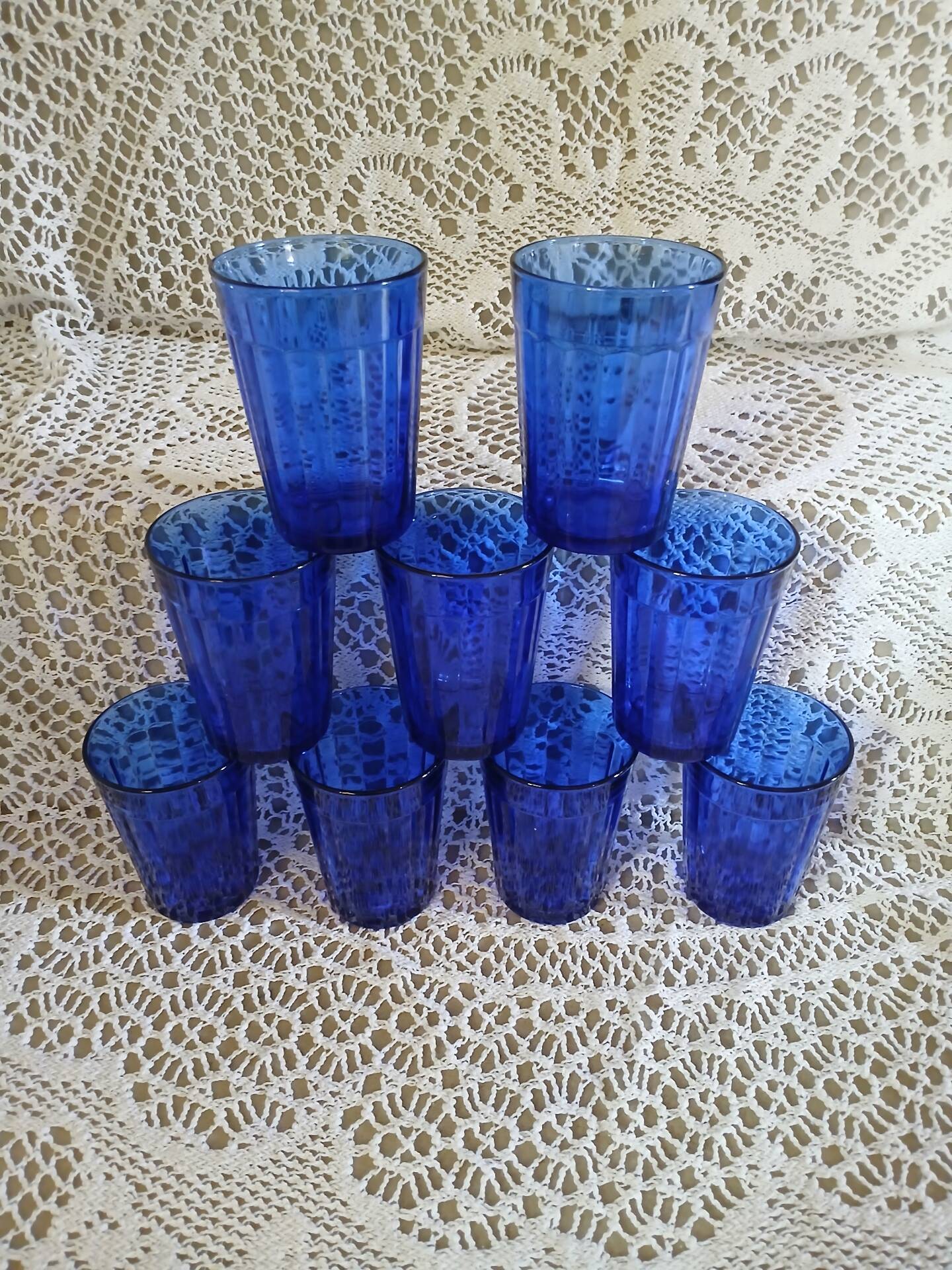 9 antique cobalt blue water glasses