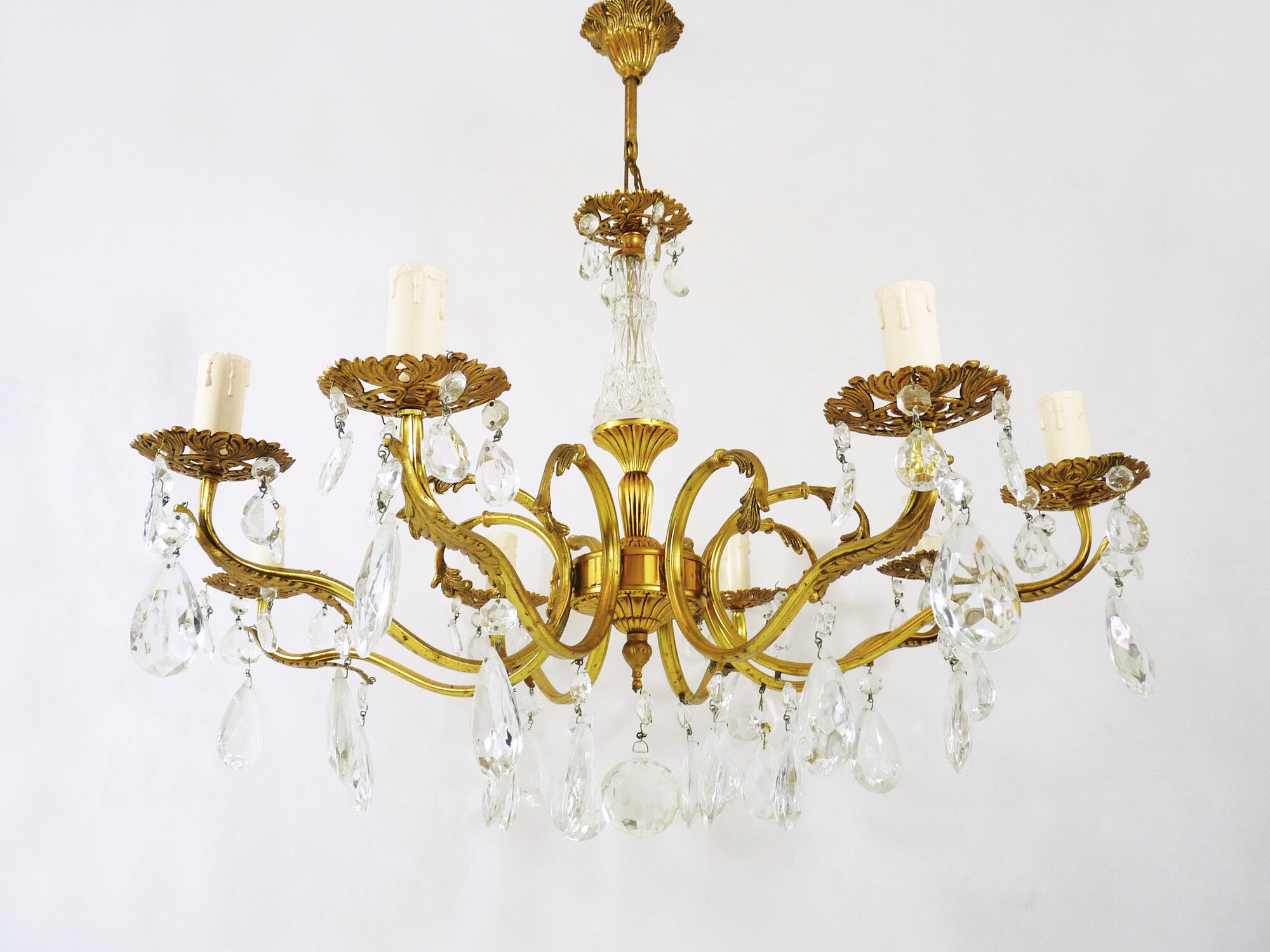 Old 8-branch brass chandelier and glass stamps