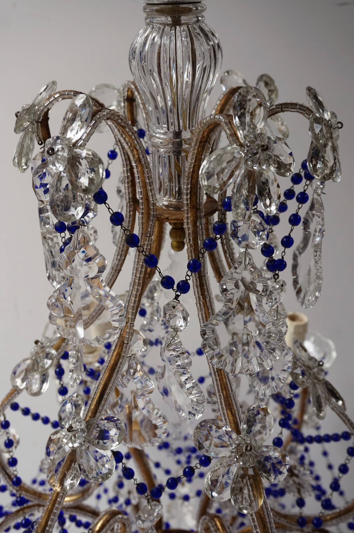 Italian Chandelier with Cobalt Blue Murano Glass Beaded Strings and Crysta