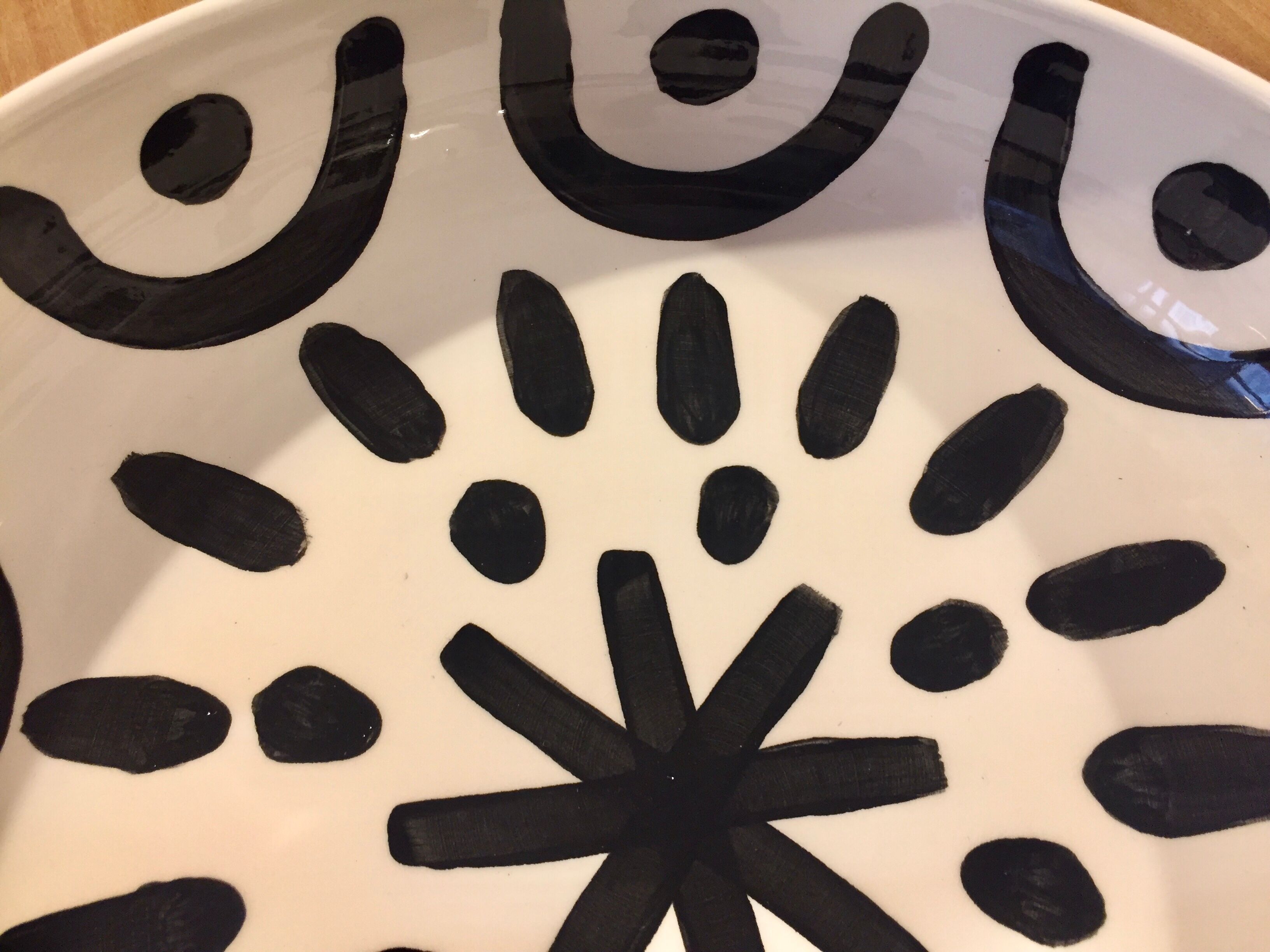 Large ceramic salad bowl painted by hand black and white
