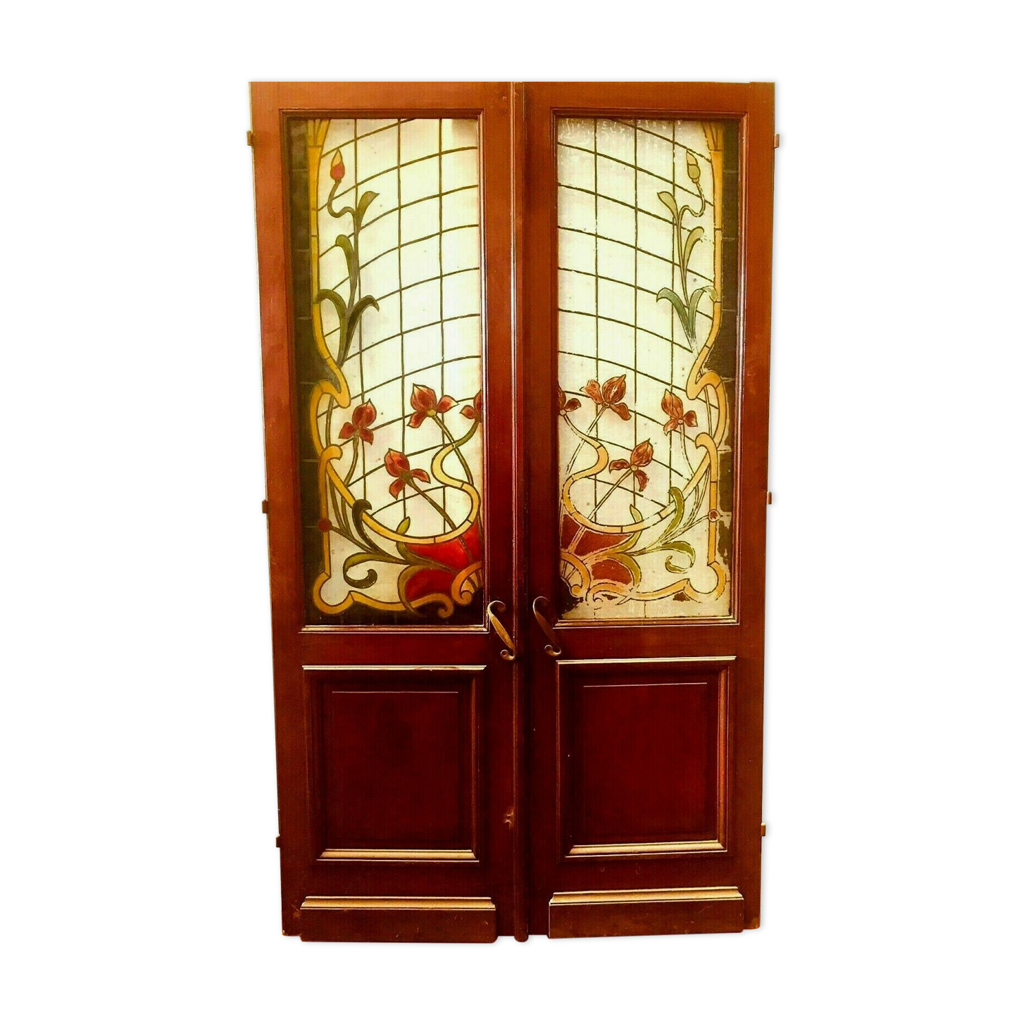 Pair of art deco doors in glass painted in imitation of 20th century stained glass