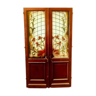 Paire de portes art déco en verre peint a l'imitation du vitrail xx siècle