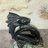 Sculpture poisson vintage céramique barbotine noir ancien art déco XXème