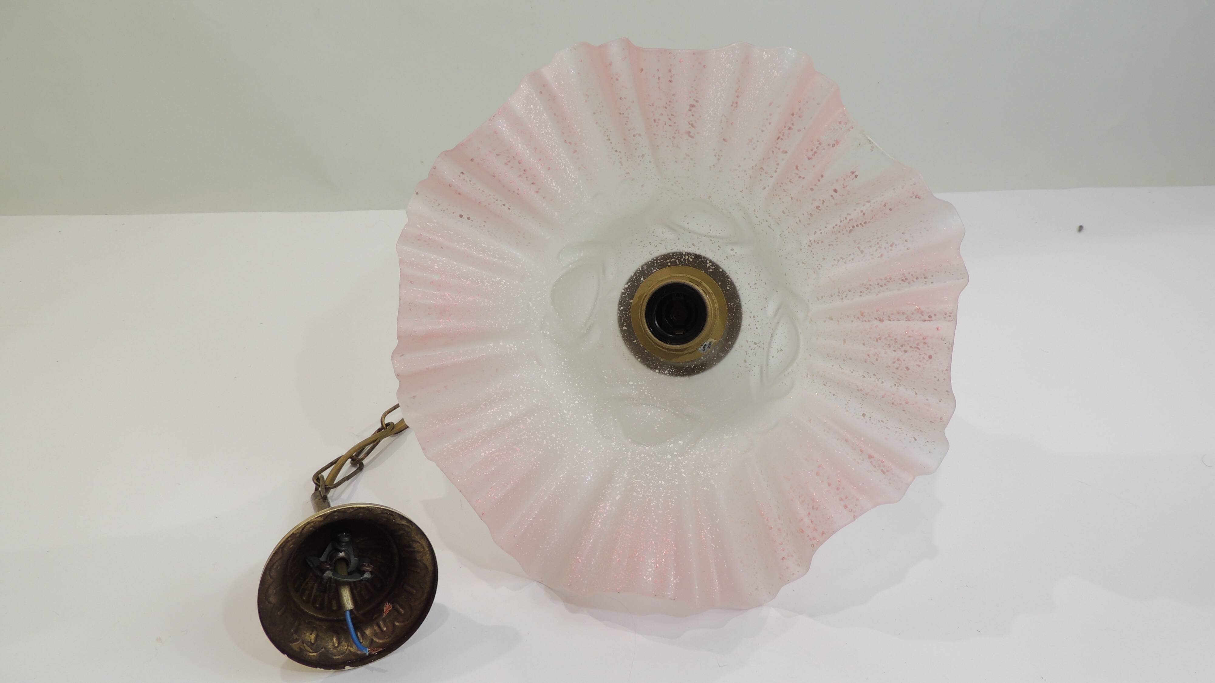 Vintage pink opaline glass pendant light – Art Deco tulip, brass and wood