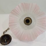 Vintage pink opaline glass pendant light – Art Deco tulip, brass and wood