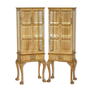 Pair of Art Deco display cabinets circa 1920 in light walnut with Cabriolet legs.