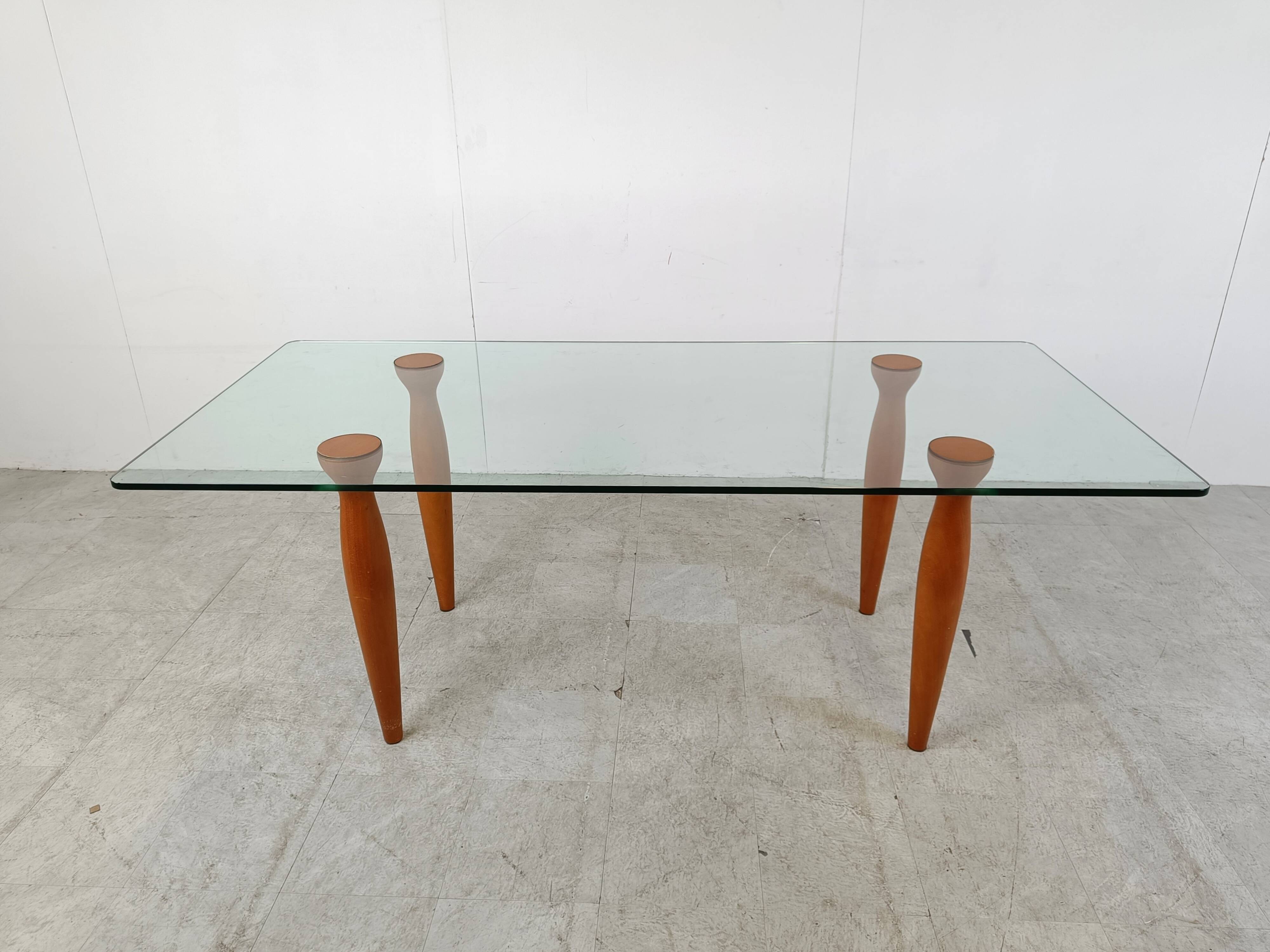 Vintage italian glass and wooden dining table, 1990s