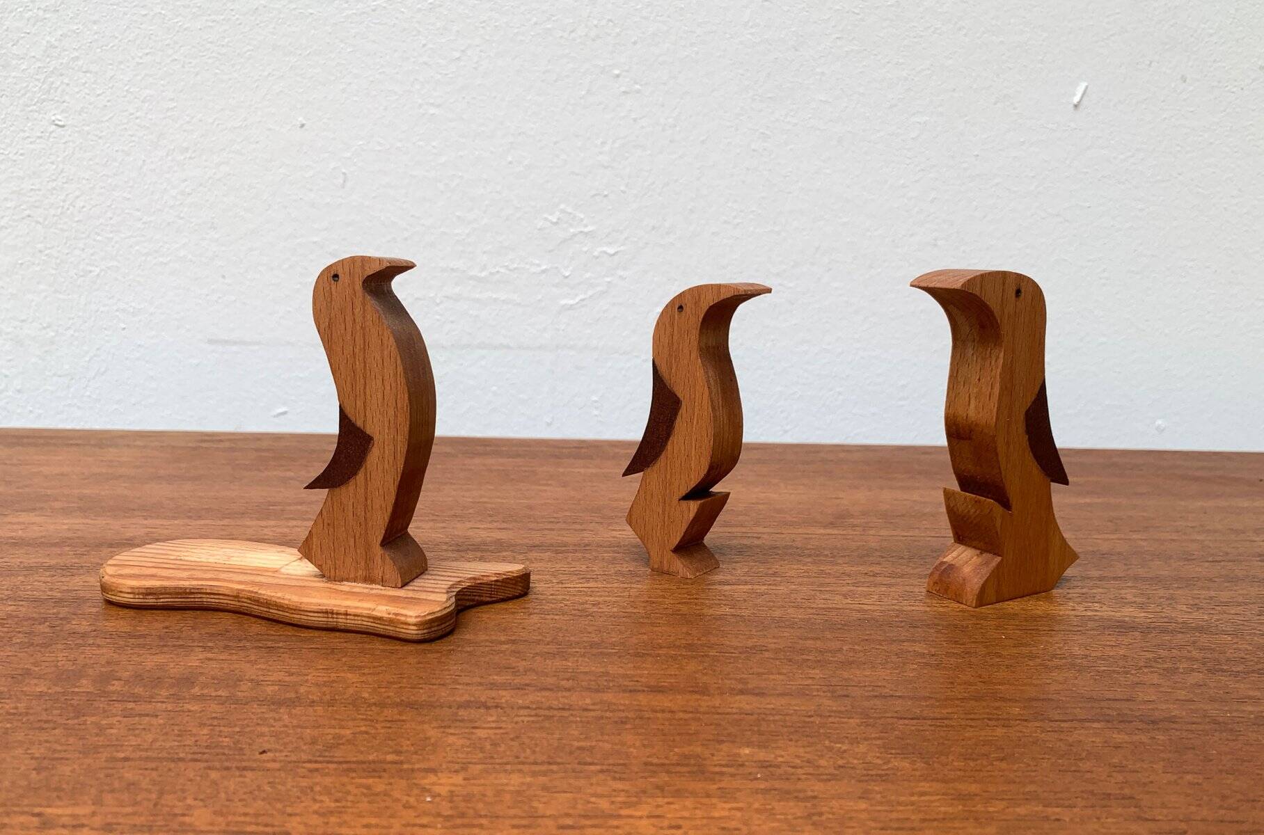 Sculpture vintage en bois de pingouin, ensemble de 3