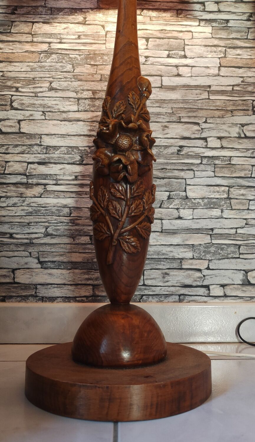 Large carved floral wooden lamp 1960
