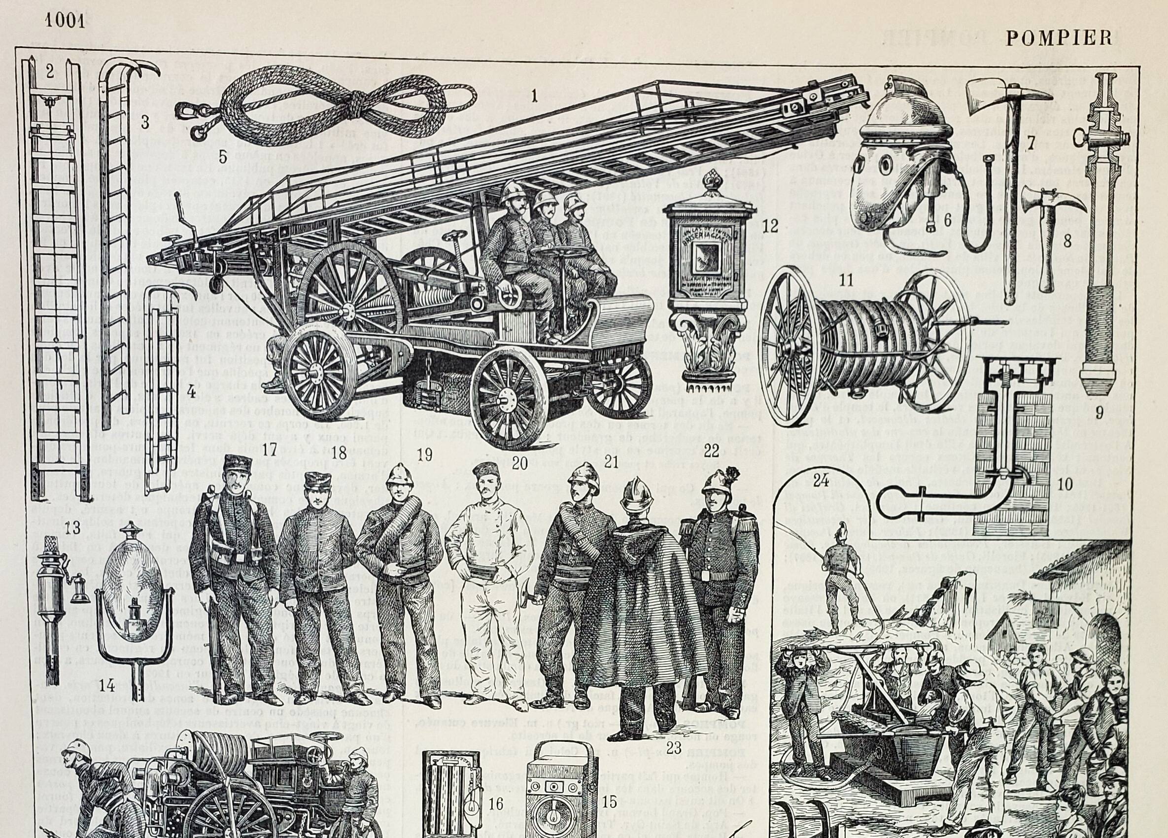 Old engraving 1898, Firefighter, ambulance, fire, rescue • Lithograph, Original plate