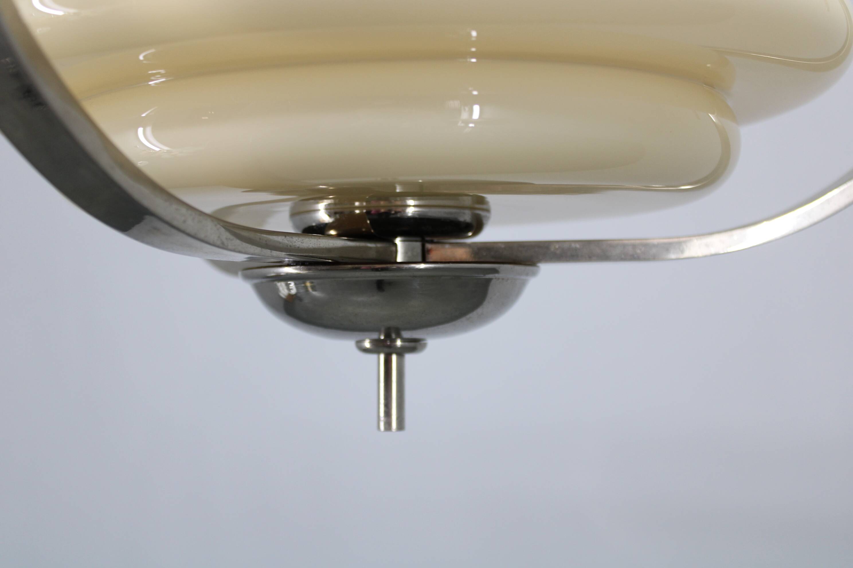 1930s Art Deco nickel and cream glass chandelier