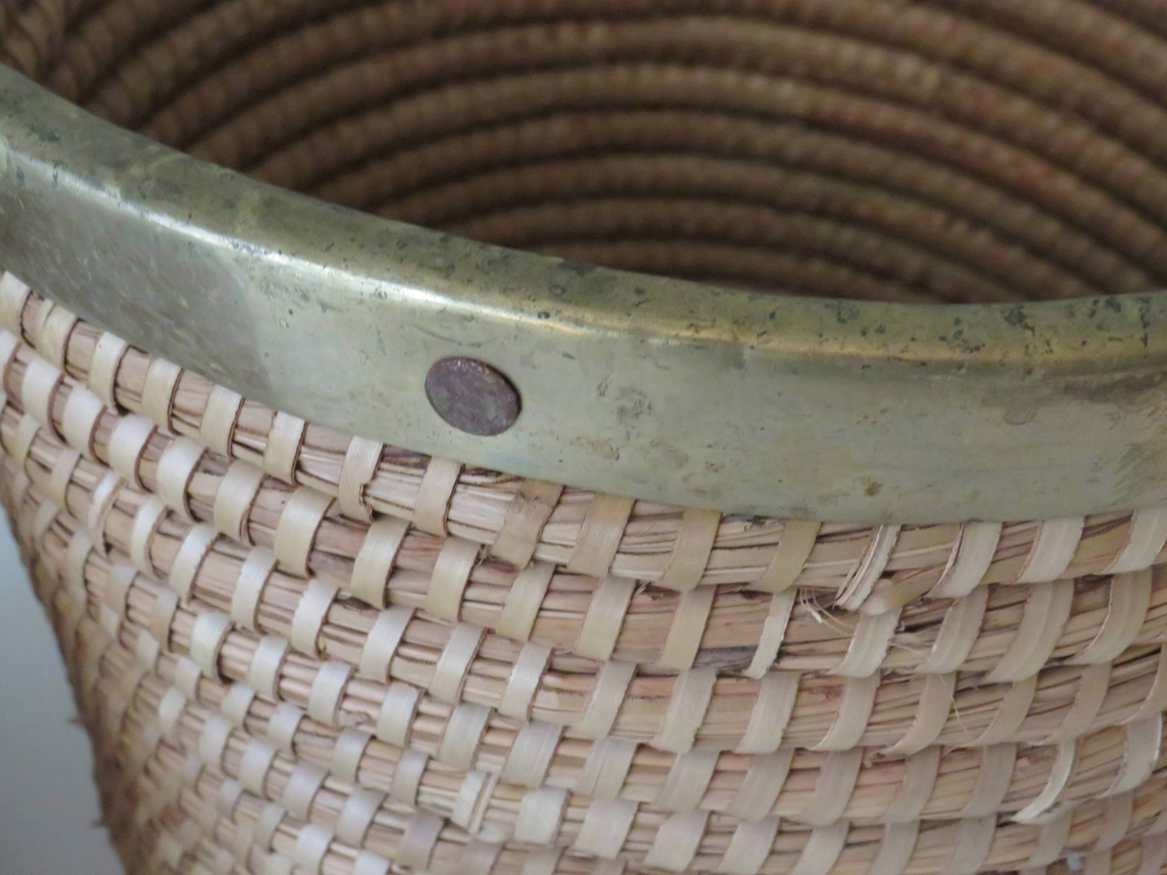 Ensemble de 3 cache-pots vintage en roseau et laiton, Italie 1970