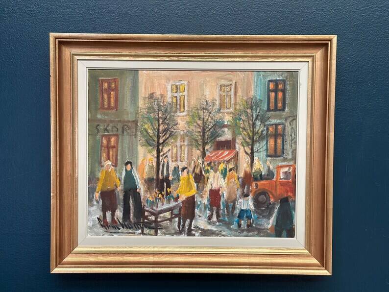 Original Swedish Oil on Canvas – “Market Scene” by Arne Wallsten – Signed