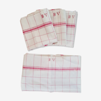 Lots of 4 old linen tea towels with checkers and monograms
