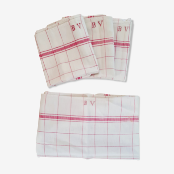 Set of 4 old checkered linen tea towels with monograms