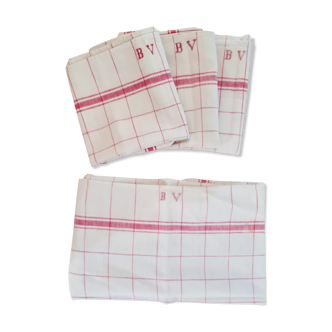 Set of 4 old checkered linen tea towels with monograms