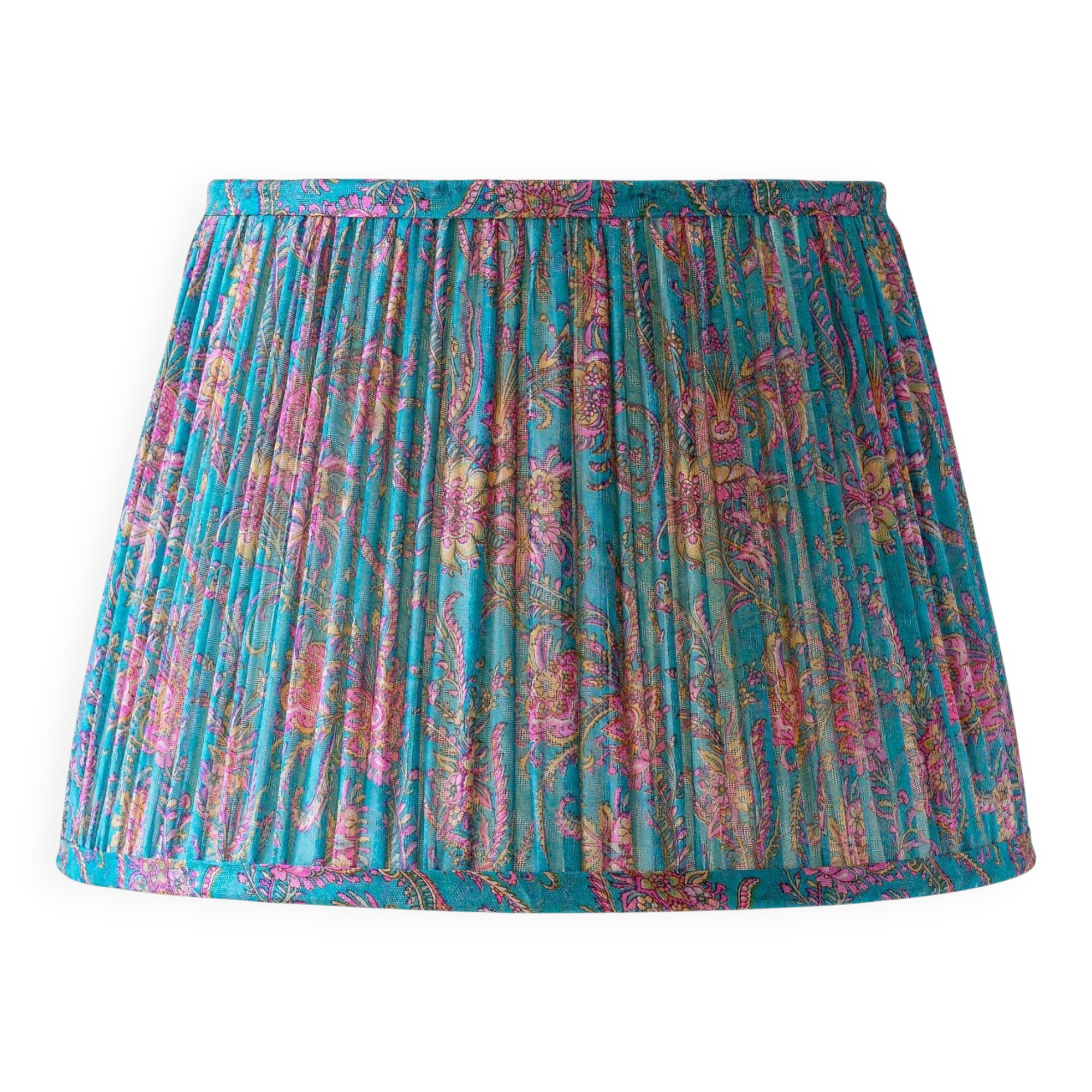 New handcrafted lampshade in vintage silk sari, turquoise pink floral.