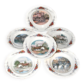 Sarreguemines set of 6 deep plates Obernai village Alsace by Loux