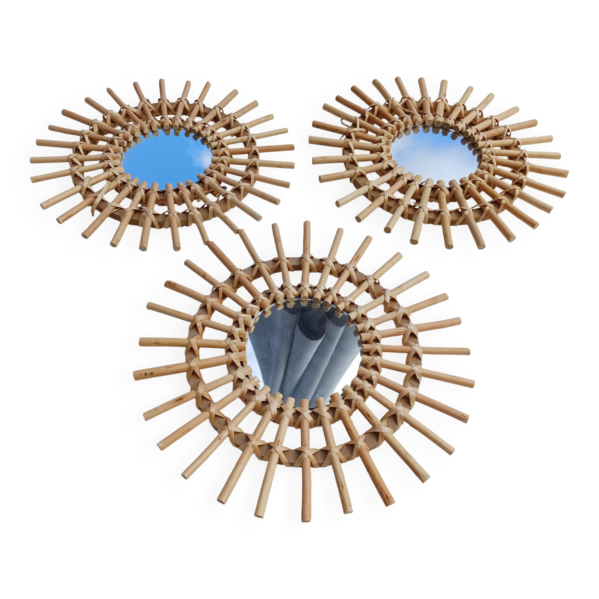 3 Small Vintage Rattan Sun Mirrors