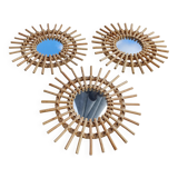 3 Small Vintage Rattan Sun Mirrors