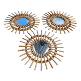 3 miroirs soleil en rotin vintage