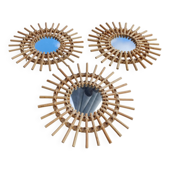 3 miroirs soleil en rotin vintage