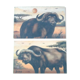 Paire de peintures sur panneau bois Buffles d' Afrique