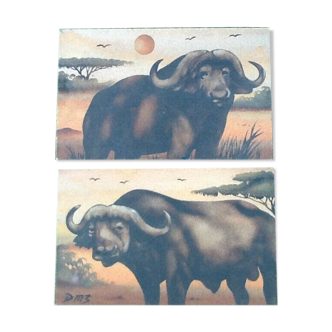 Sand painting on wood panel African buffaloes Artist Dm3 (Demba Mbengue)