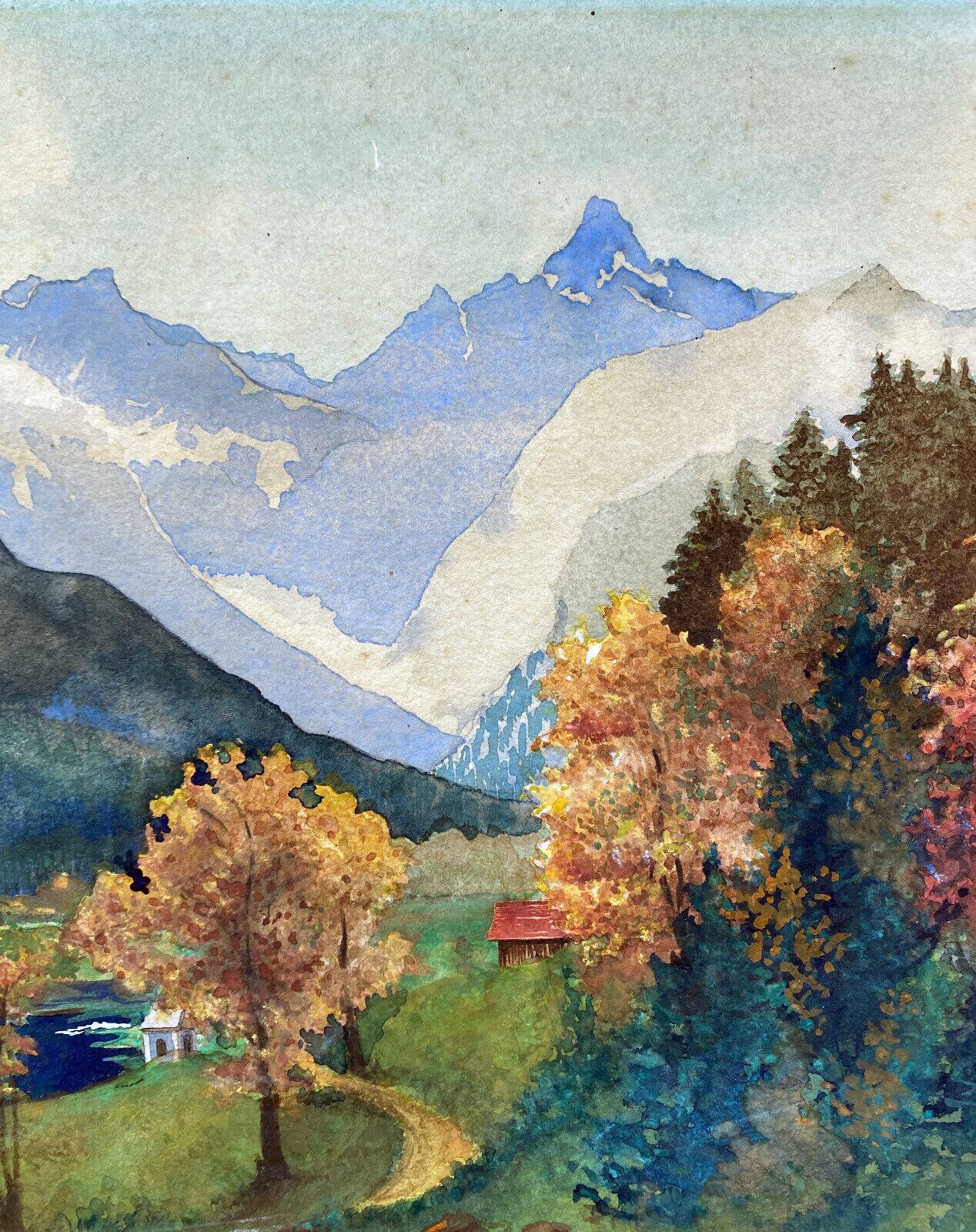 Watercolor Painting "Alpine landscape" with river and snow-capped mountains