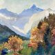 Watercolor Painting "Alpine landscape" with river and snow-capped mountains