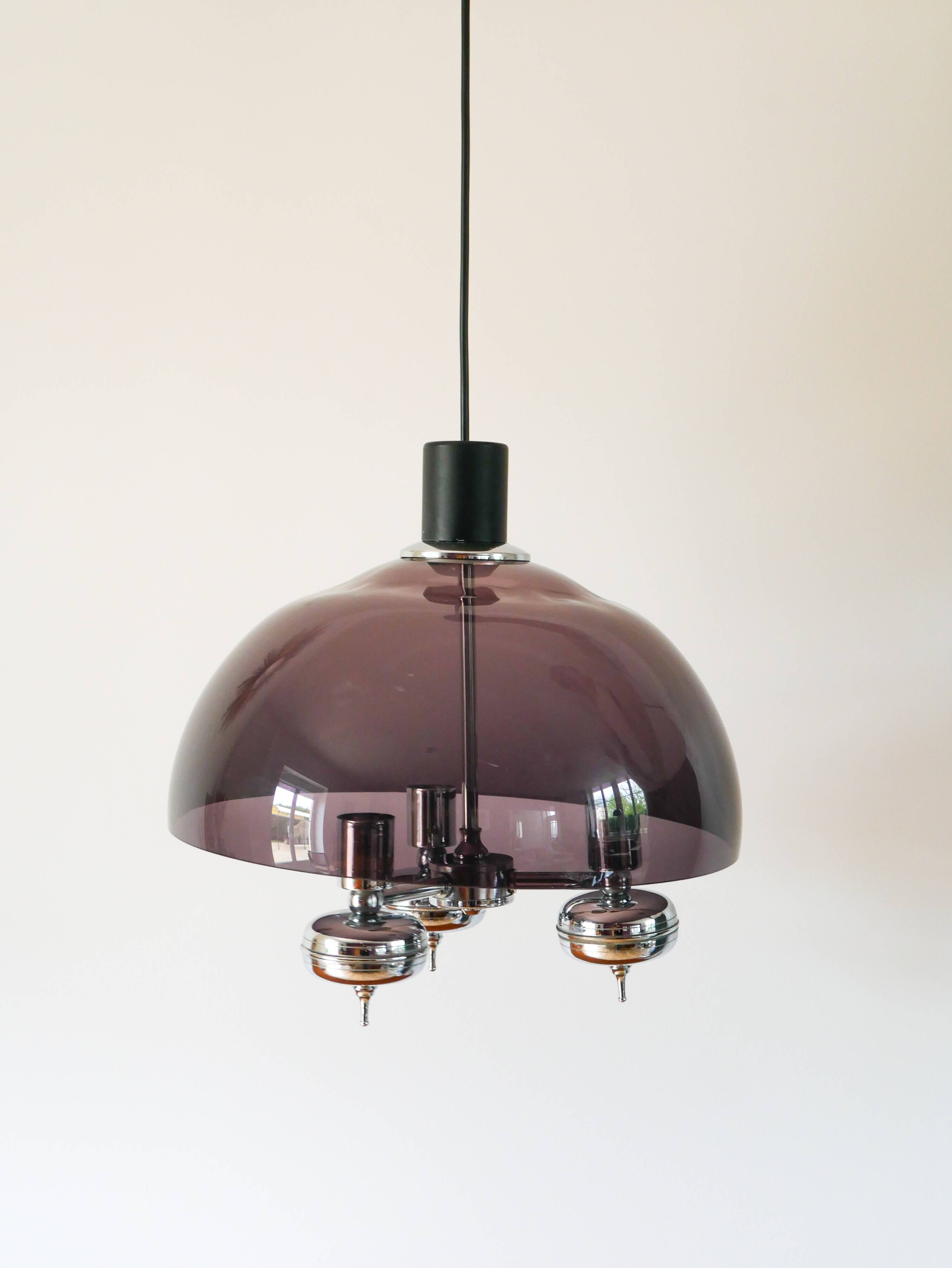 Three-branched chandelier in smoked plexi and chrome, Space Age, 1970