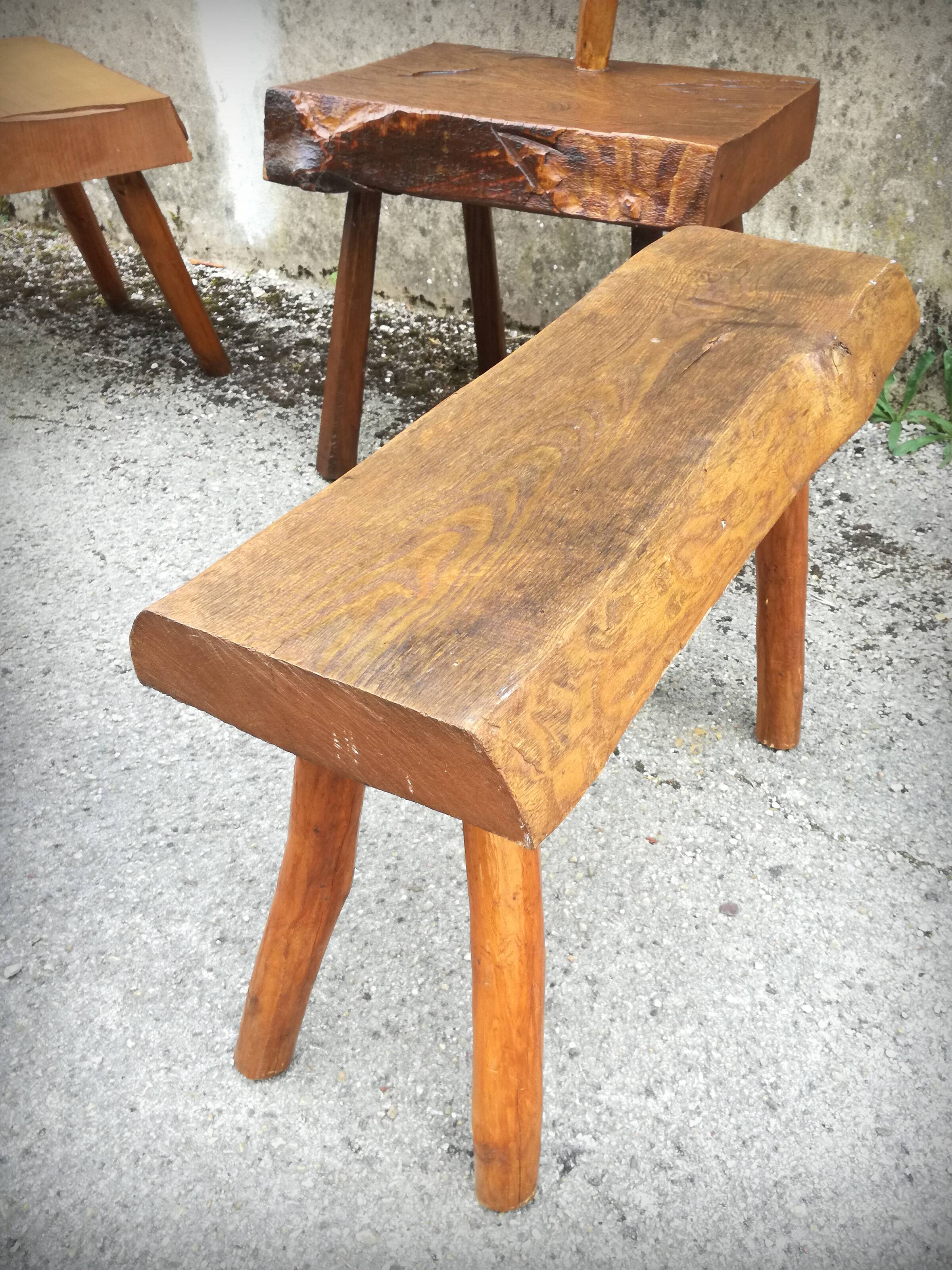 Set of four brutalist chairs and a bench, France, 1960s