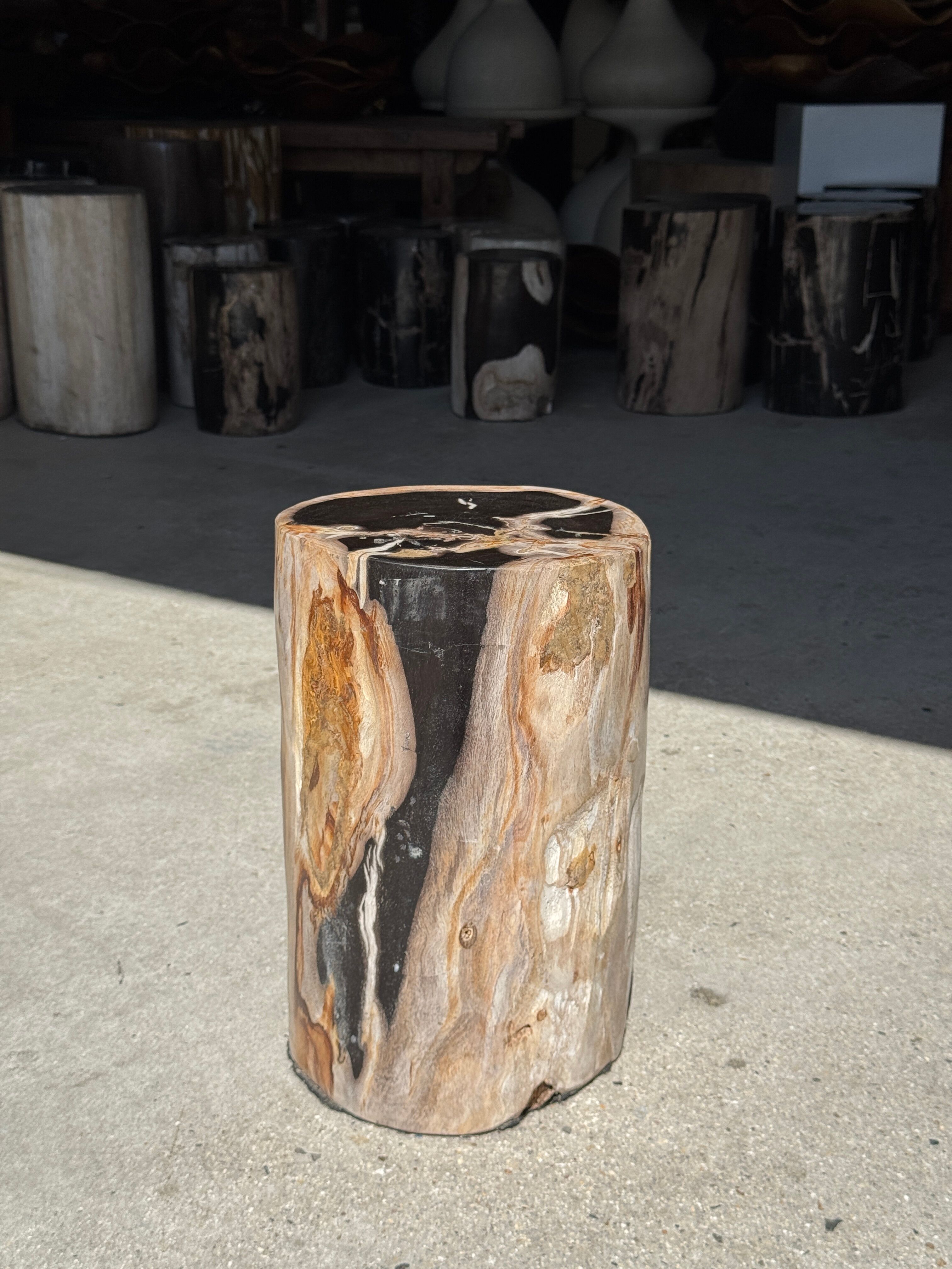 Petrified wood side table, black heart, beige bark, H35 D22 - 3330