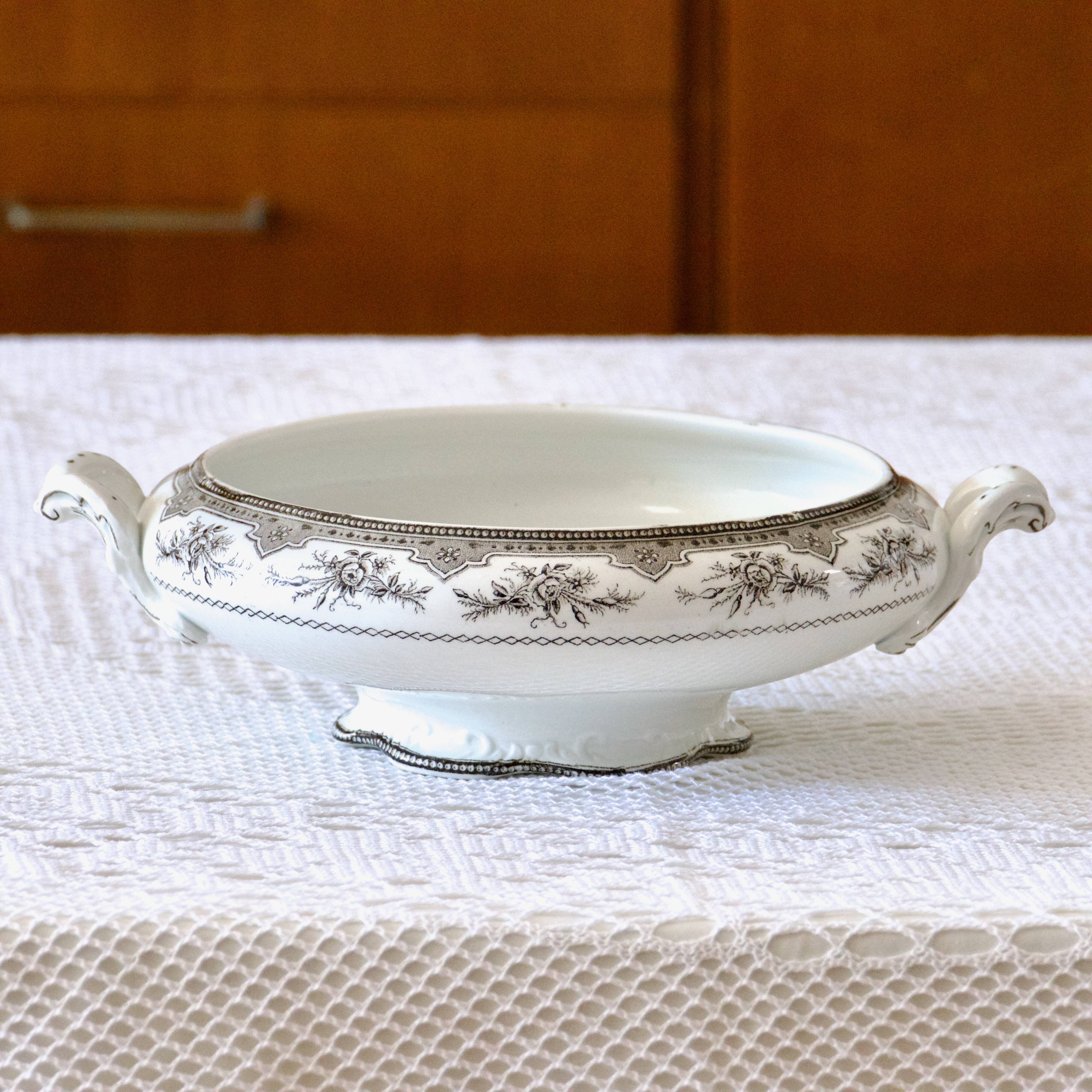 19th century vegetable dish, iron earth Onnaing, sepia, moss roses